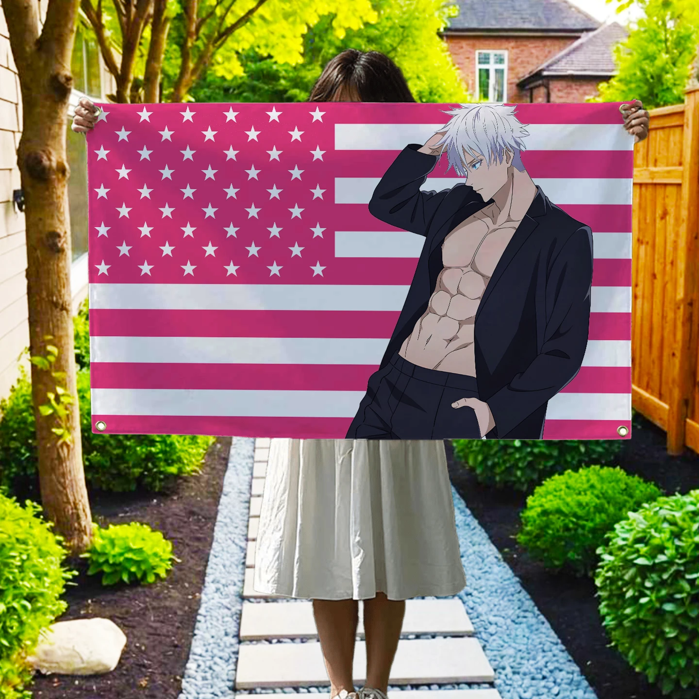 Anime Jujutsu Kaisen Pink American Flag Gojo Satoru Banner Home Decor Items Barber Shop Outdoor Decorations Tapestry Flaga Flags