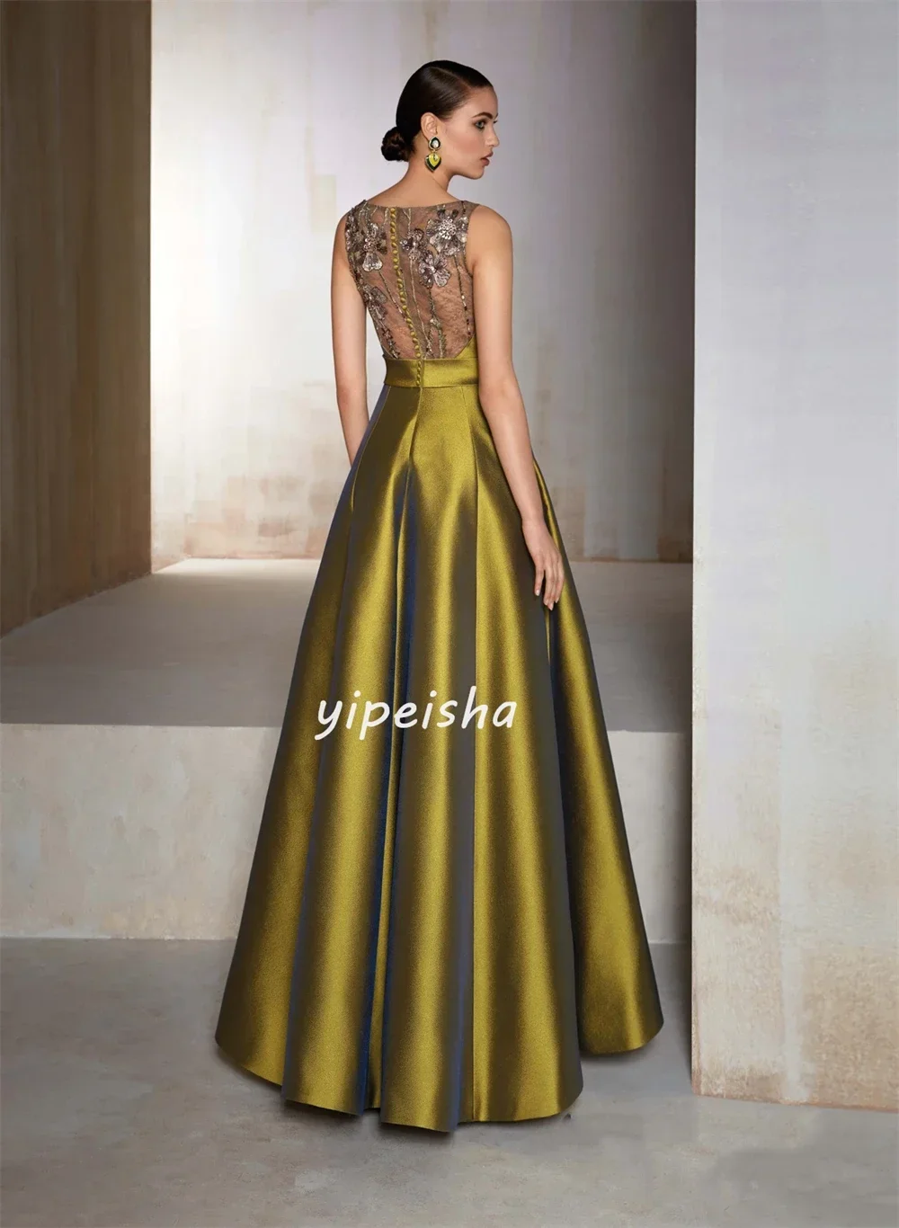Customized Formal High Quality Satin Applique Button Pleat Ruched Draped A-line V-neck Long Dresses Cocktail Dresses Pastrol