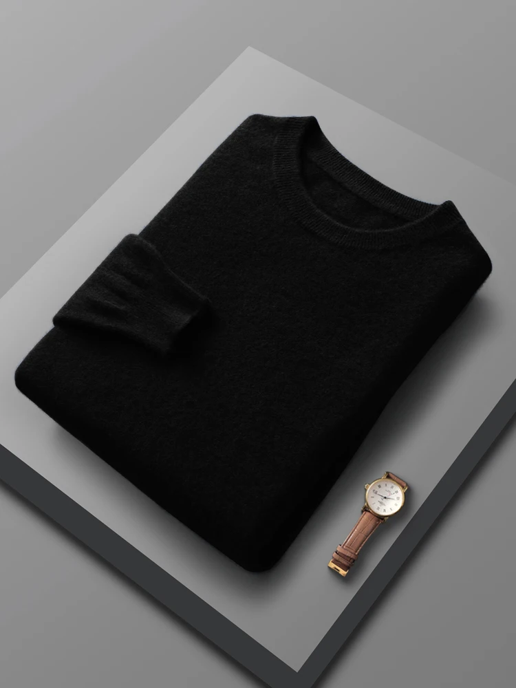 Men's Basic Solid Pullover 100% Merino Wool Knitted Sweater Fashion O- Neck Soft Warm Autumn Winter Casual Loose Clothing Tops
