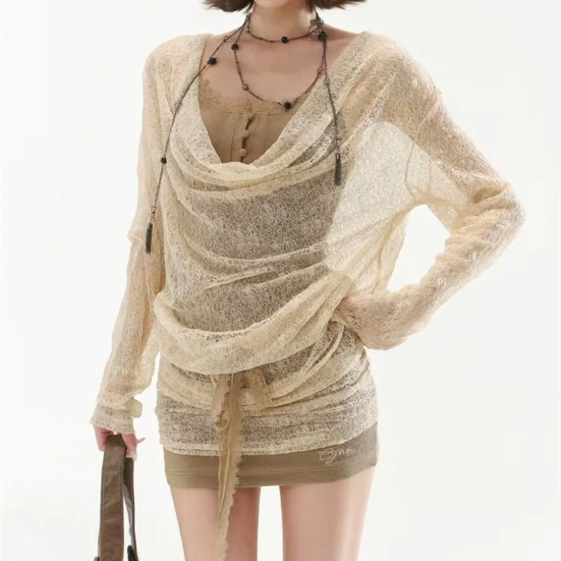 

Deeptown Women Dress Sets Y2K Aesthetic Vintage Sexy See Through Dress+ Lace Patchwork Fairy Mini Dresses Grunge Two Pieces Set