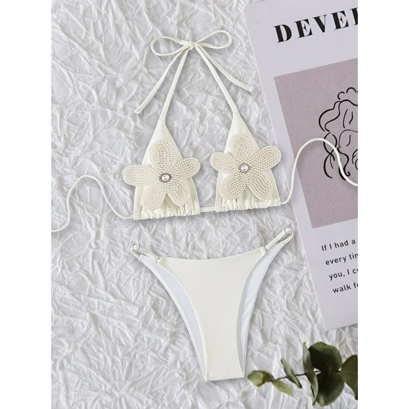 New Style Appliqué Backless Swimsuit Two-Piece Sexy Halter Tie Bikini Hot Sale Women's Swimwear High-End