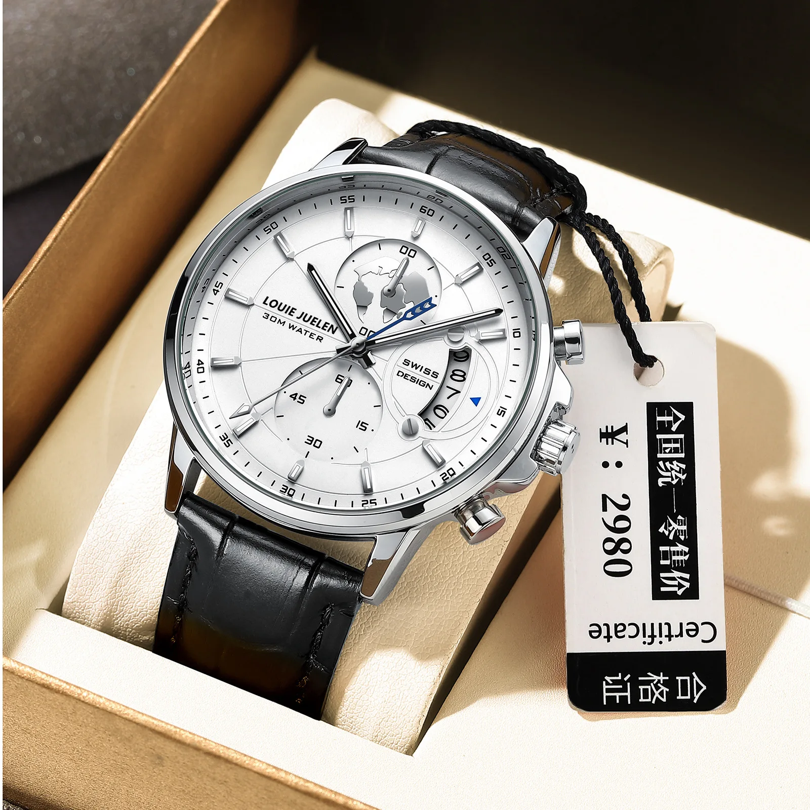 ساعة LOUIE JUELEN رائجة البيع للرجال ذات 3 عيون - ساعة يد كوارتز جديدة مضيئة ومقاومة للماء من الجلد الطبيعي #3