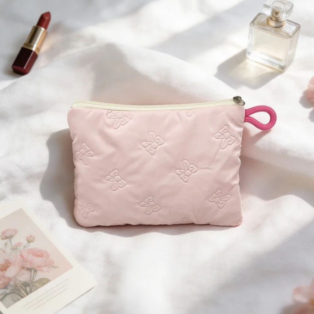 Multi-function Cosmetic Pouch Bow Decoration Satin Material Toiletry Storage Pouch Embossed Heart Quilted Makeup Bag Girls
