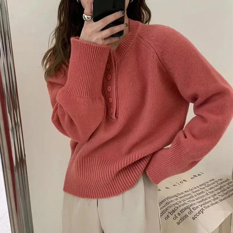 

Women New Single Breasted Lantern Sleeve Sweater Pullovers Solid Colors Warm Lazy Casual Sweaters Autumn Winter Knitted Shirts