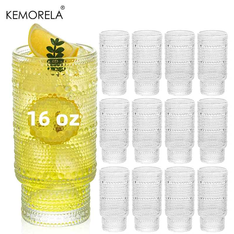 12PCS Hobnail Drinking Glasses Old Fashioned Glasses 16 Oz Highball & Whiskey Bar Glasses For Cocktails Smoothies and Juice