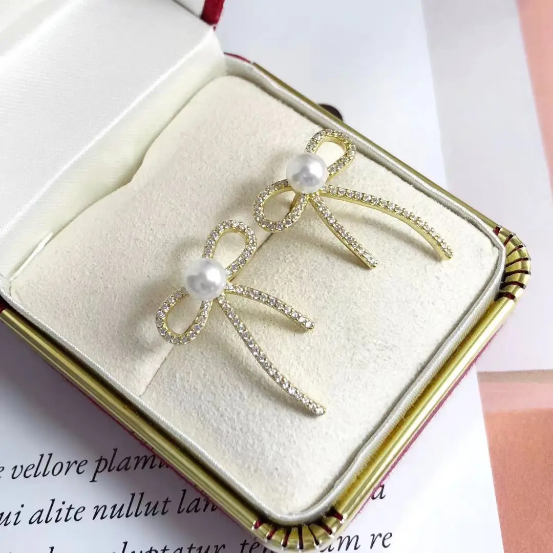 Bow Knot S925 Sterling Silver Earrings Mount Findings Settings Base Mounting Parts Accessory for 4-5mm Pearls 5 pairs/lot