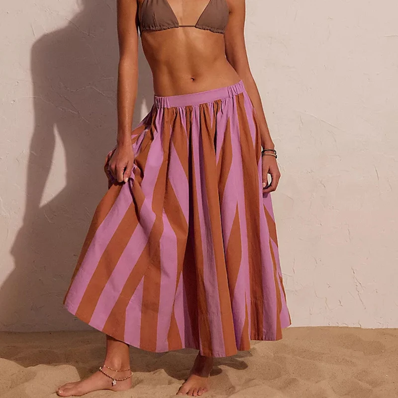 Ladies Sweet Color Blocked Elastic Waist Skirt 2026 Summer Trumpet Skirt Comfortable Striped Printed Beach Vacation Loose Skirt