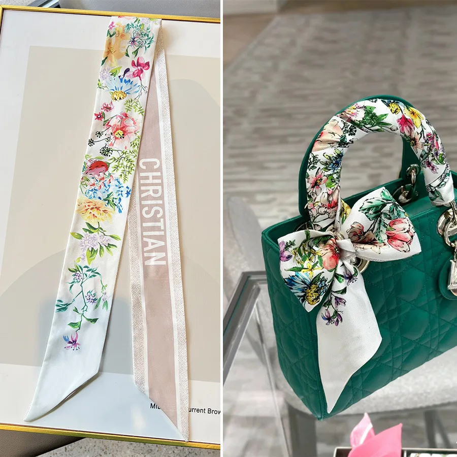 Novo lenço de seda longo floral-imitação de seda pequeno laço premium pescoço cachecol & hairband bolsa alça fita para mulher
