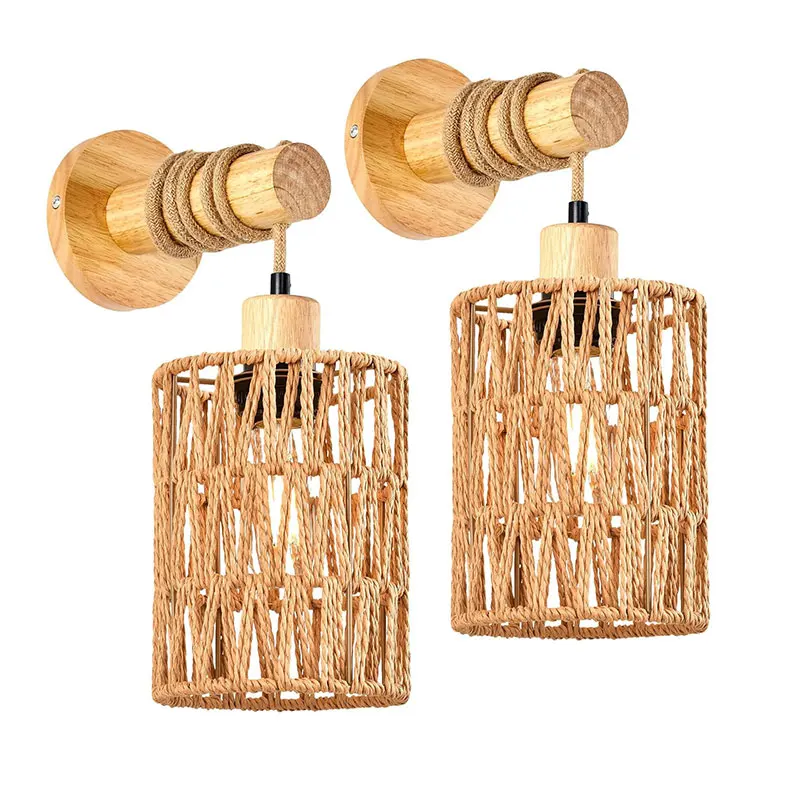 

Wooden bedside wall lamp dining room bedroom farmhouse rural aisle lamp indoor background wall Sconce hemp rope wall light