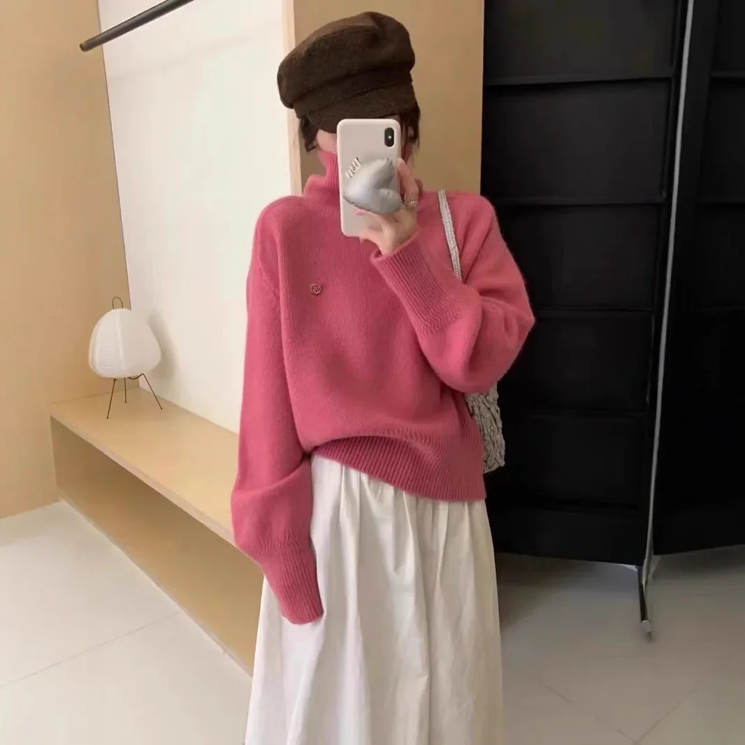 2024 Leisure Simple Lazy Design Sense Soft Waxy Turtleneck Sweater Women's New Autumn and Winter Thick Warm Bottom Sweater Top