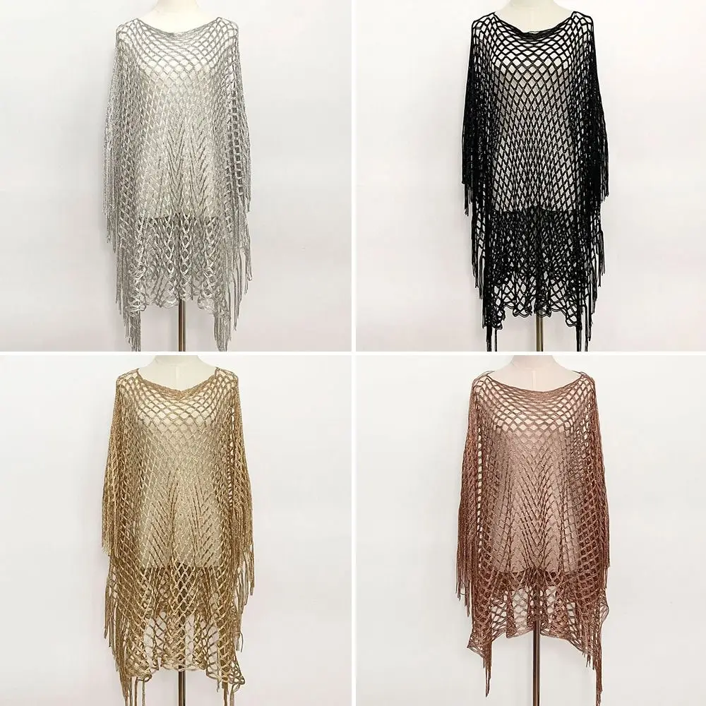 Bohemian Style Gold Silver Wire Mesh Shawl Jacket Hollowed Out Lace Poncho Long Sleeve Tassels Beach Towel Sun Protection