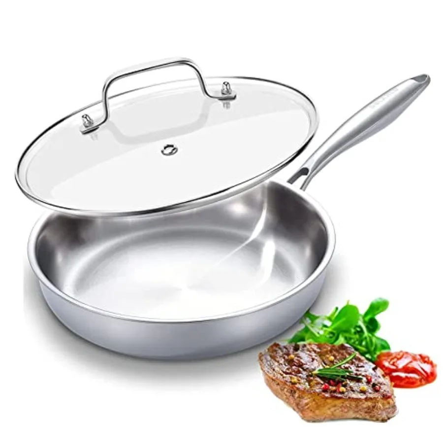 

Tri-Ply Stainless Steel Pan, 18/10 Frying Pan, Oven Safe Up to 600°F, Nontoxic Cookware, Compatible with All Cooktops Skillet,