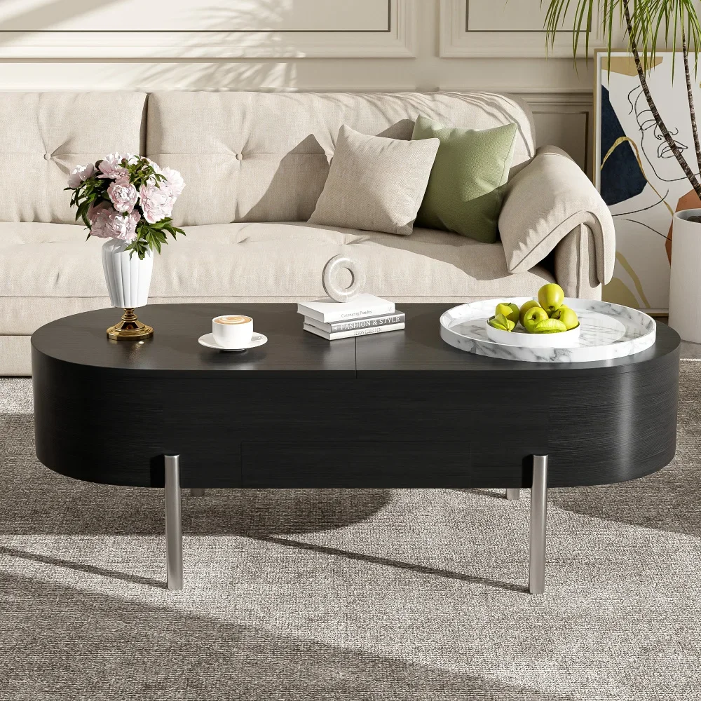 Lift Top Coffee Table with 360-degree Marble-patterned rotating tray,Hidden Compartment,Oval Lift Tabletop，Living Room