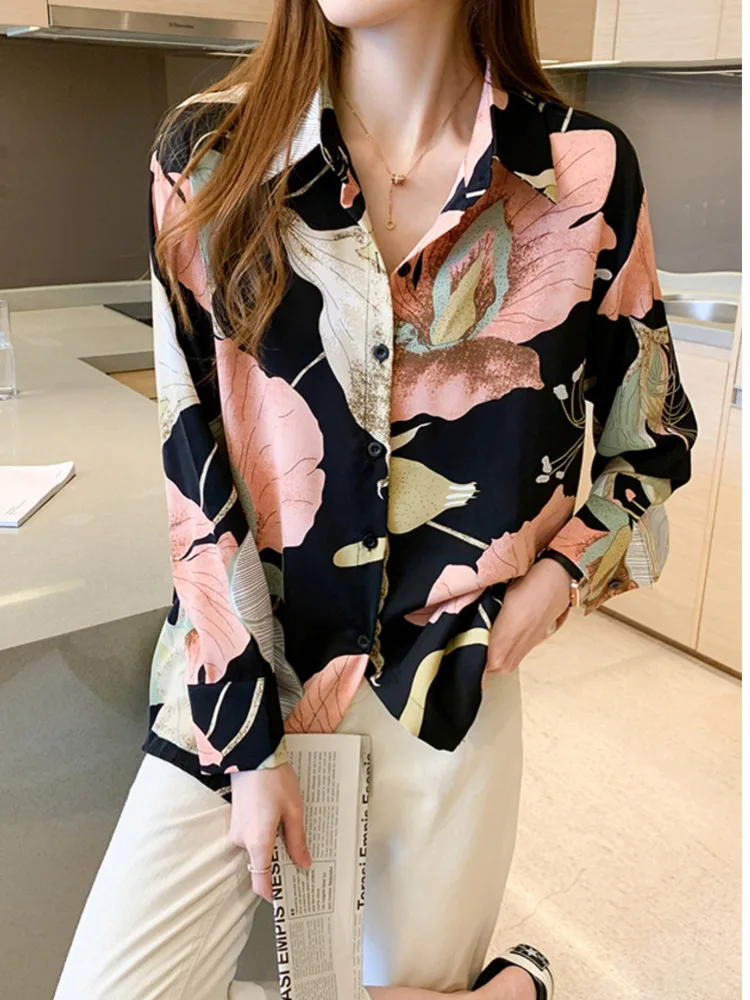 #3124 Spring Vintage Printed Chiffon Shirts Women Loose Floral Printed Shirt Blouse Femme Long Sleeve Womens Tops And Blouses