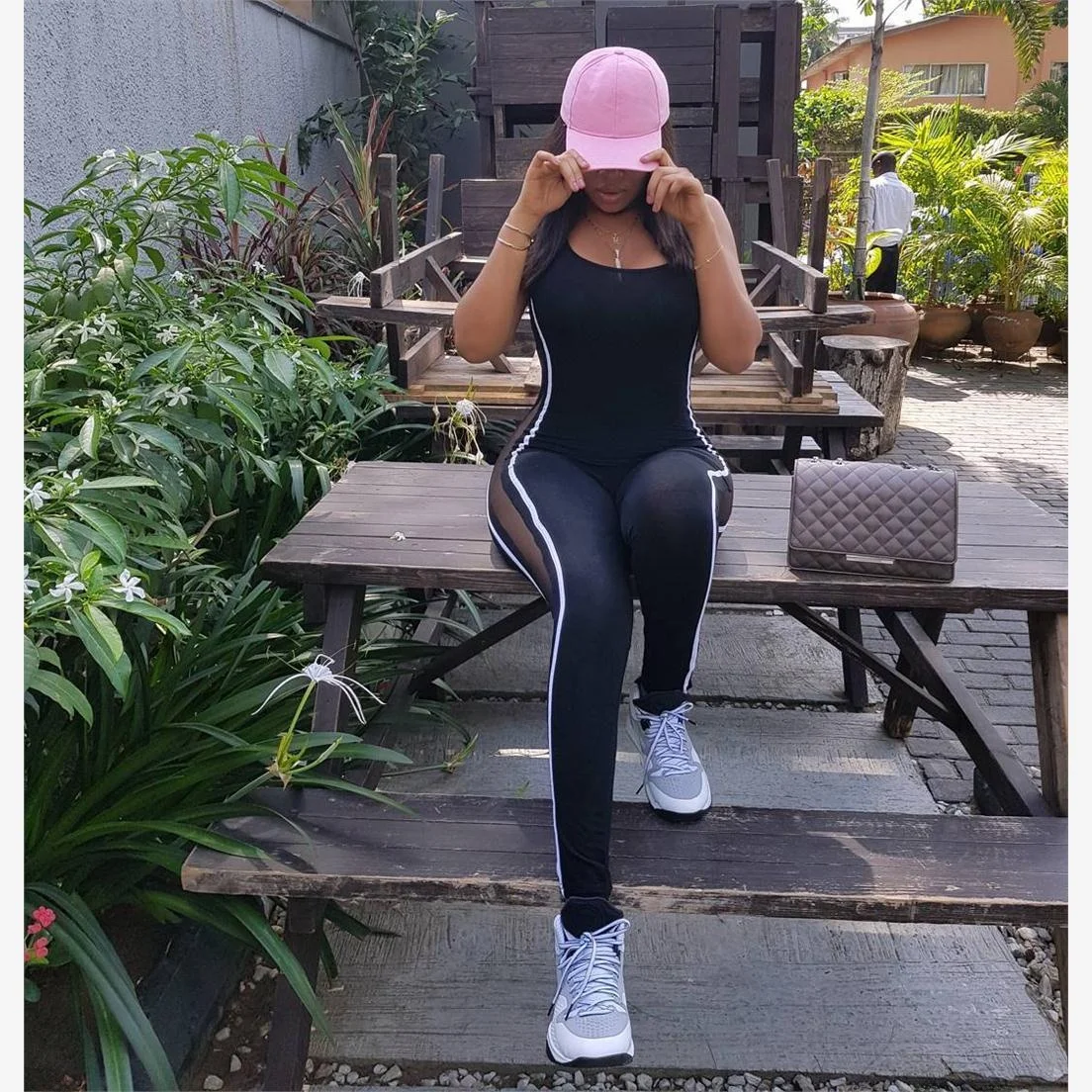 

New Mid-Length One-Piece Suit Me Splice See-tough Elastic Sexy Versatile Yoga Fitn Faion Polyester Long Pants