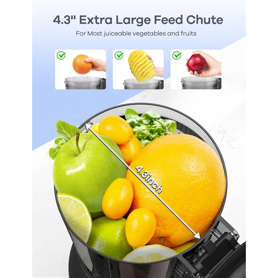 大きな投入口を備えたコールドプレスジューサーは、果物や野菜を丸ごと投入できるように設計されており、3つの機能を備えた低速咀嚼ジューシング技術を採用しています。