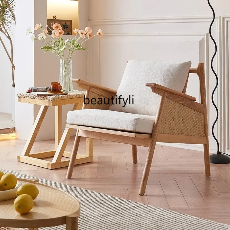 

Rattan Solid Wood Sofa Chair Recliner Small Apartment Simple Single Armchair Designer Leisure Charming Rattan Chair