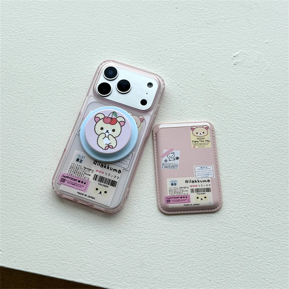 

Cute Cherry Rilakkuma magnetic stand phone case for iPhone 17 Pro 15 16 Pro Max 14 13 16 Funda For Magsafe card bag holder case