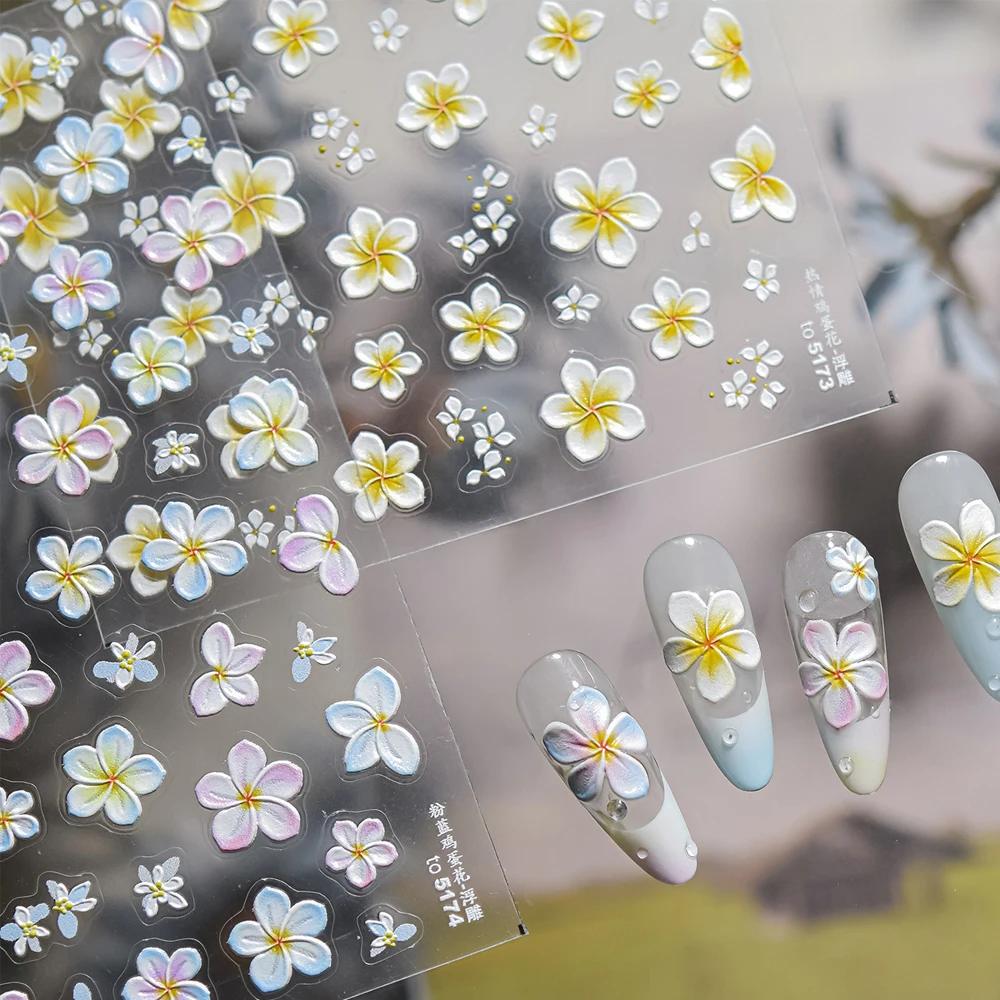 5D Frangipani Blumen Gelb Weiß Bunte Relief Blütenblätter Blüten Floral Garten Relief Selbstklebende Dekoration Maniküre Aufkleber