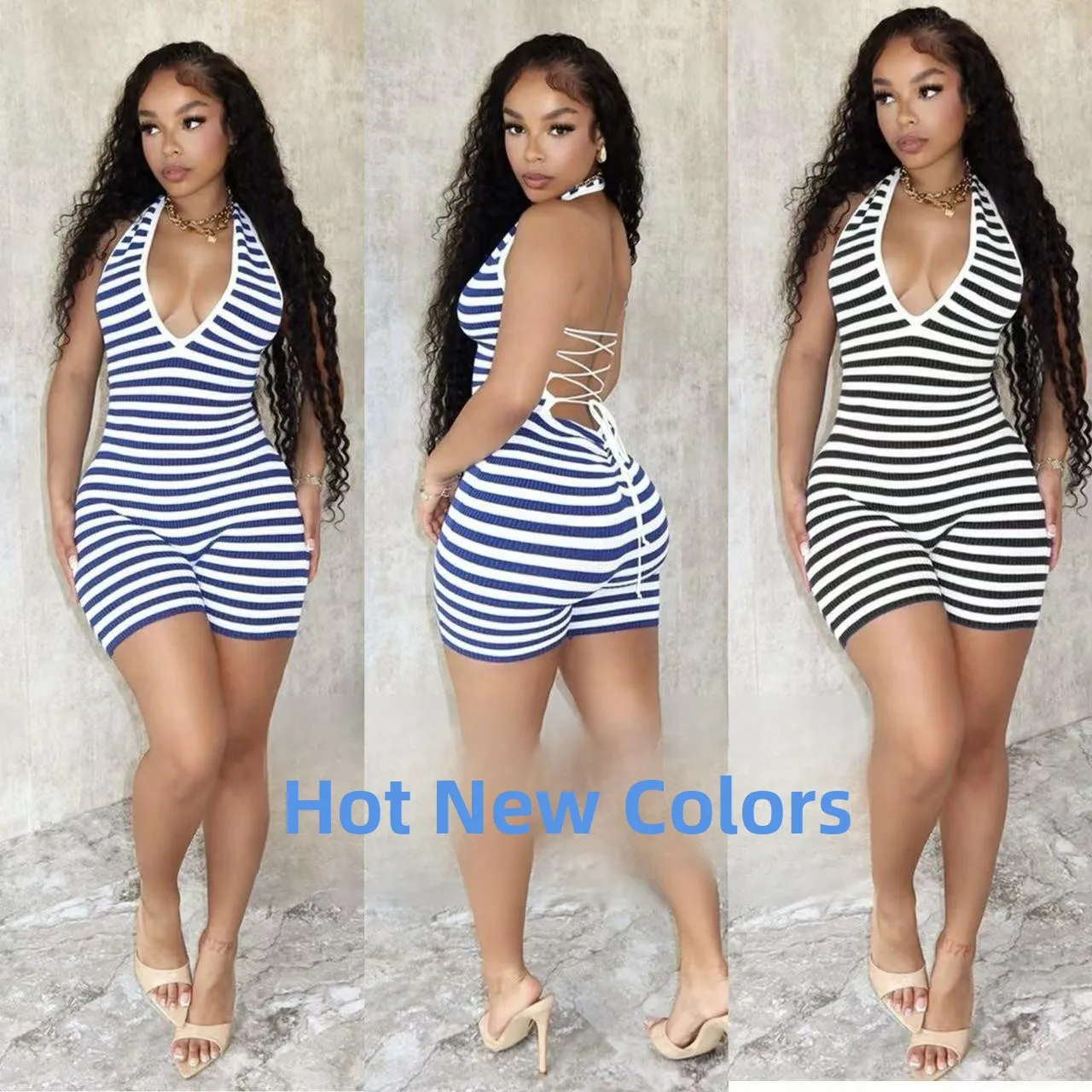 

Women's Striped Printed Hanging Neck Backless Jumpsuit Summer Season Polyester Fiber Short Pants mid Waist Design