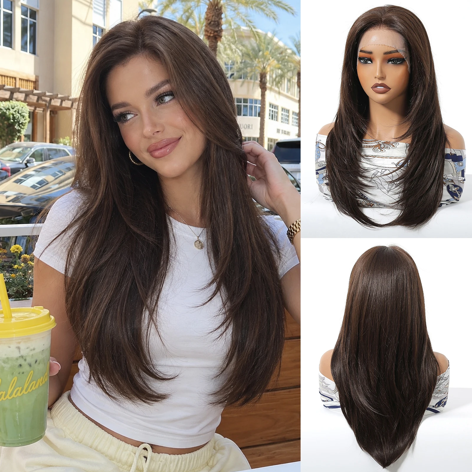 HAIRCUBE 13x6 Lace Front Wig Dark Brown Layered Straight Synthetic Wig Heat Resistant Glueless Wigs for Women Daily Halloween