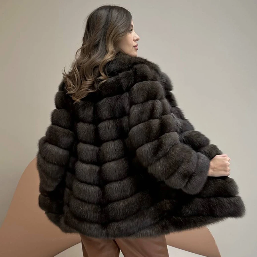 Casaco Real Fox Fur para mulheres, casaco de inverno luxuoso, quente, comprimento médio, pele natural, lapela, 2023