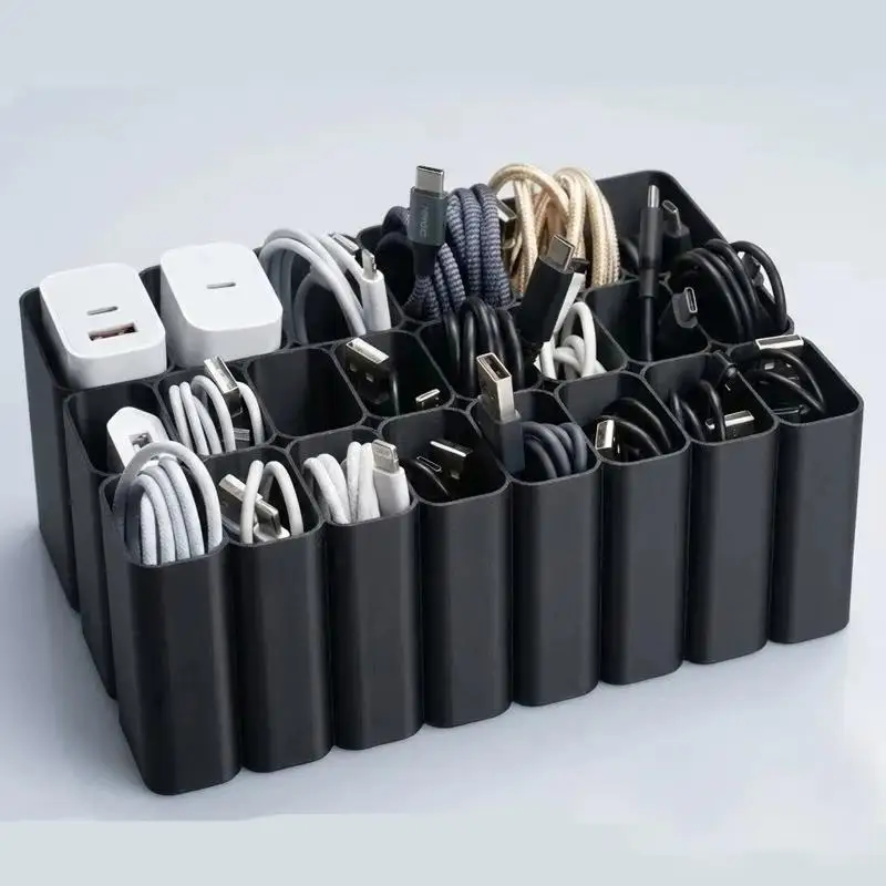 Grids USB Cable Storage Tray Wire Management Box Desktop Electronic Accessory Organizer For Home Office Holiday Present