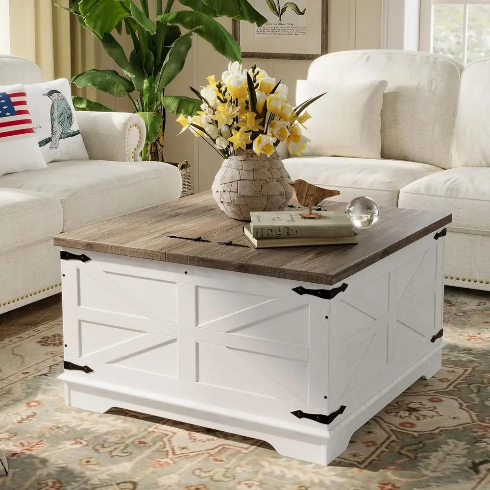 

Square Maple White Heavy-Duty Storage Coffee Table with Pull-Out Large Hidden Compartment for Living Room