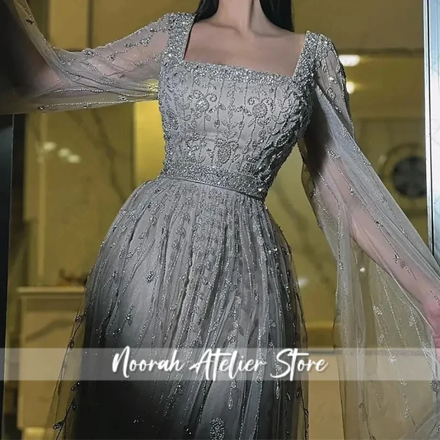 Nuovi abiti da sera da donna di alta qualità di lusso con maniche lunghe in rilievo con colletto quadrato 2025 Elegante abito da festa di nozze personalizzato