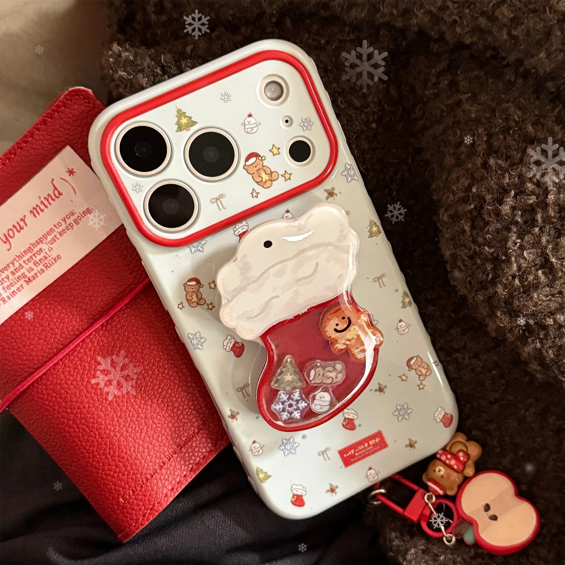 Niedliche Cartoon-Weihnachtssocke, Treibsand-Shake-Halter, Handyhülle für iPhone 17, 16, 15, 14, 13, 12, Pro Max, Anhänger, stoßfeste, weiche Abdeckung