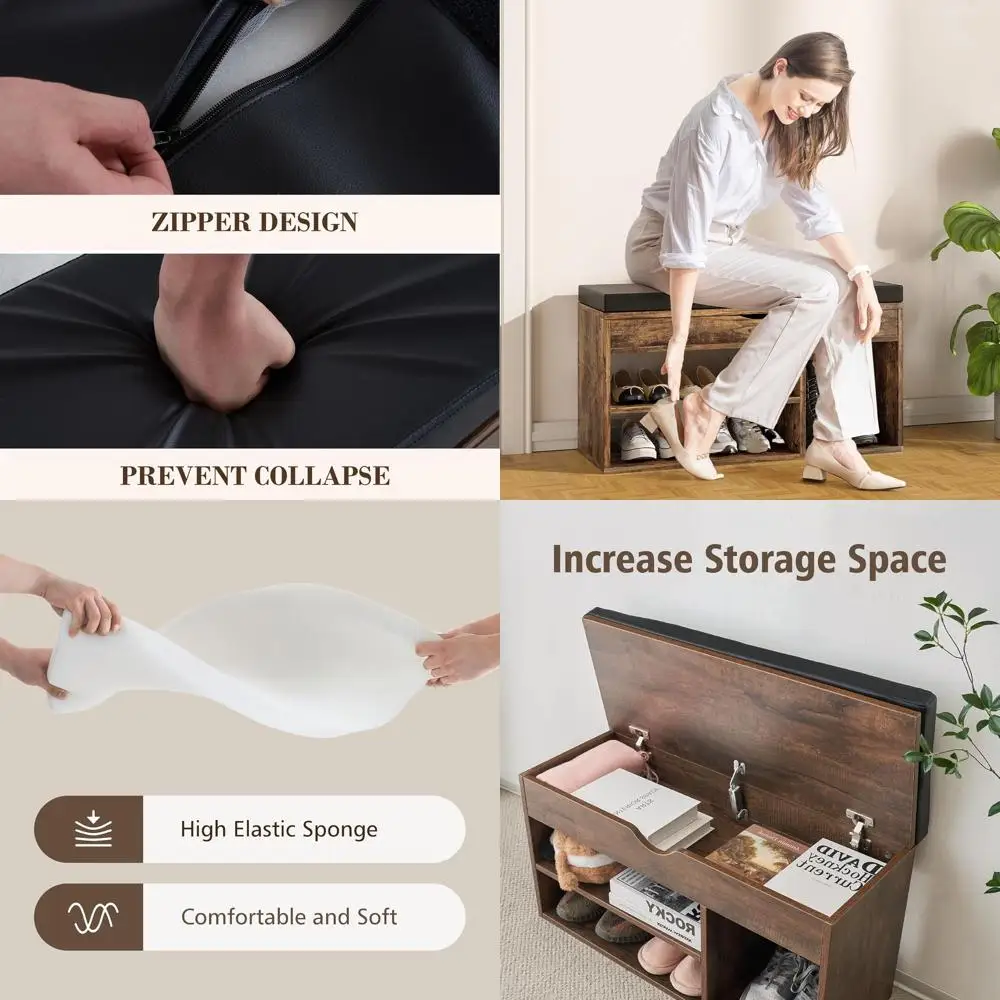 

Коричневая скамья для хранения Apicizon 31 с подушкой и 2-уровневой полкой для обуви для прихожей и гостиной