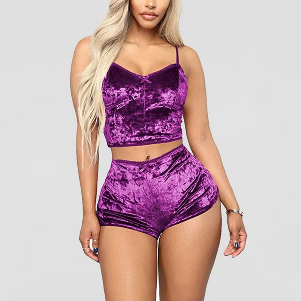 2 teile/satz Damen Samt Polyester bequeme V-Ausschnitt Unterwäsche Crop Top Shorts Pyjama Set Homewear ärmellose Top Shorts Camis – Detail 9