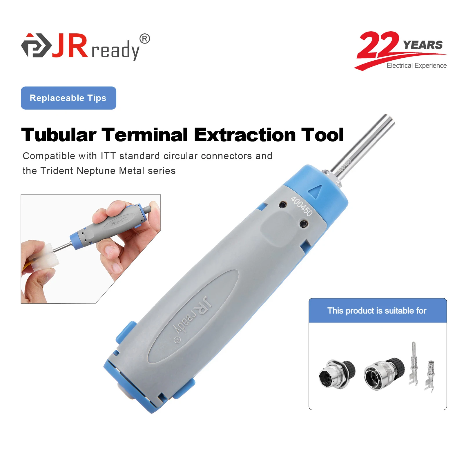 Herramienta de Extracción de Pines JRready JRconDRK-T400450 Aplicable a Conectores Circulares ITT Cannon de la Serie Trident Neptune Metal.