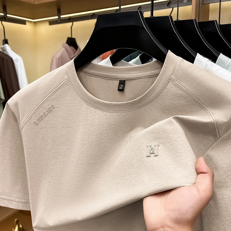 Fashion luxury brand short sleeve men's T-shirt letters embossed new style breathable summer casual round neck solid color top