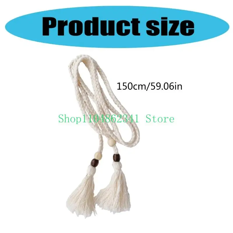 5ASD Bohemian Styles حبل الخصر للنساء حزام حبل القطن مع تفاصيل حبة خشبية للعطلة والملابس اليومية