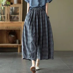 100% Cotton Linen Drawstring Wide Leg Pants Spring Autumn Literature and Art Vintage Plaid Print Loose Pockets Cropped Trousers