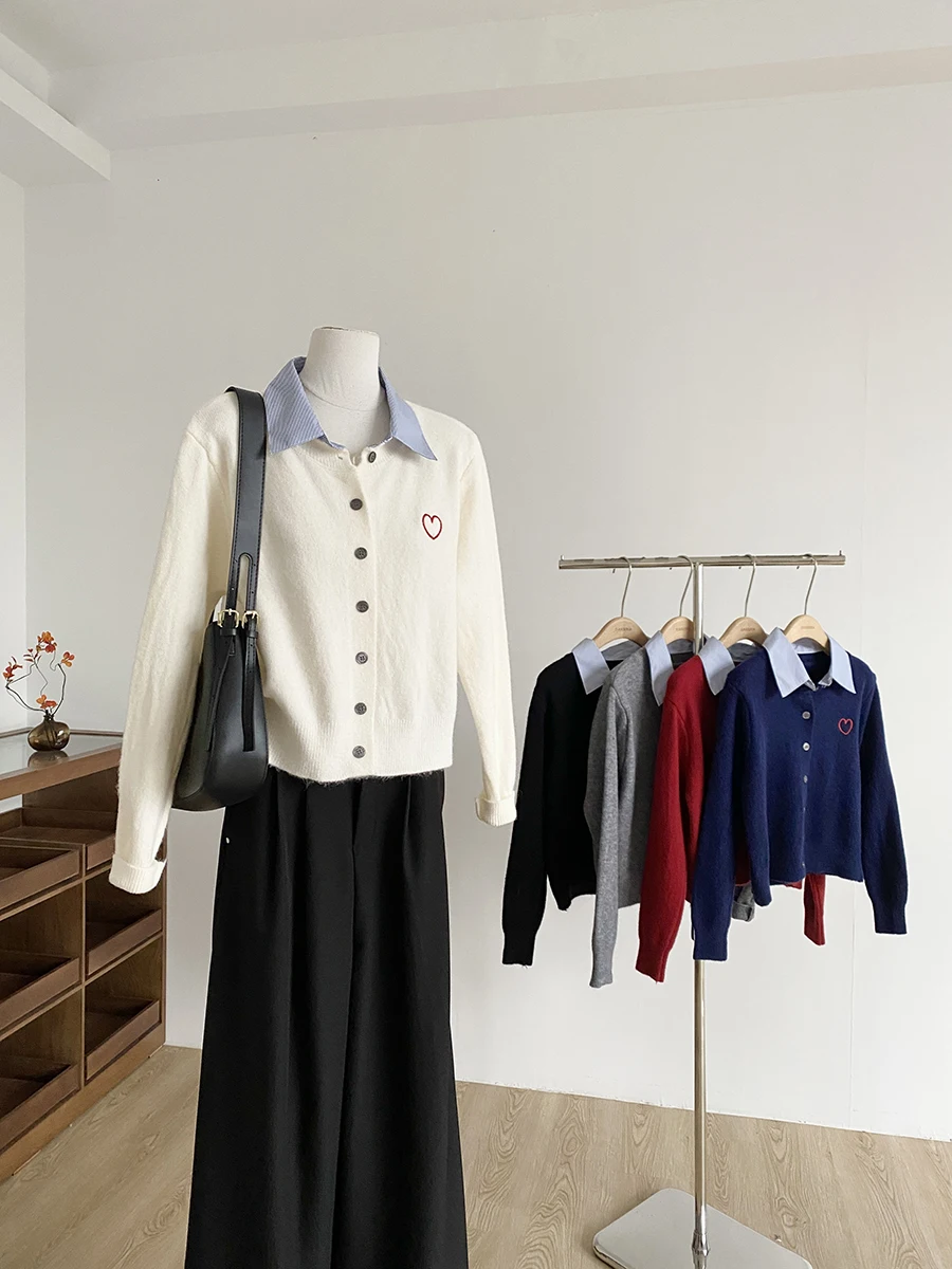 

Вязаный открытый кардиган с вышитым сердцем в стиле ретро, женский повседневный круглый кардиган Ne Long Sve из полиэфирного волокна, осенняя новинка...