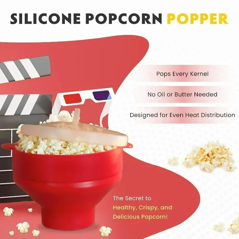 Large Microwave Popcorn Popper,Silicone Popcorn Maker Bowl, Collapse Flat for Easy Storage for Light, Healthy Snacking