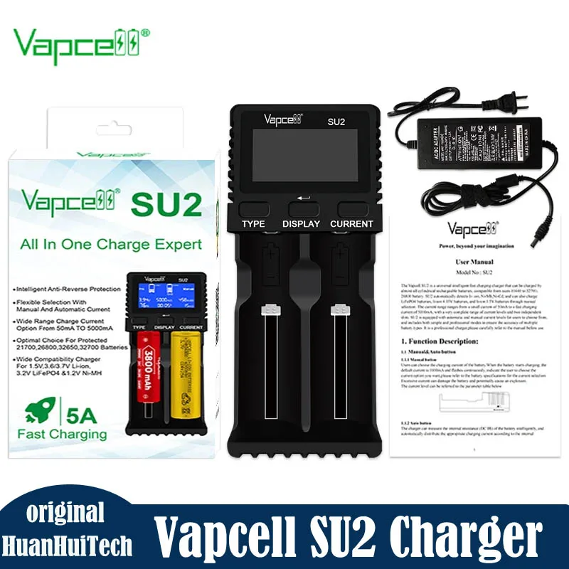 Original Vapcell SU2 Smart Charger 2 Slots Fast Charging for 26800 32650 21700 32700 Rechargeable Lithium battery