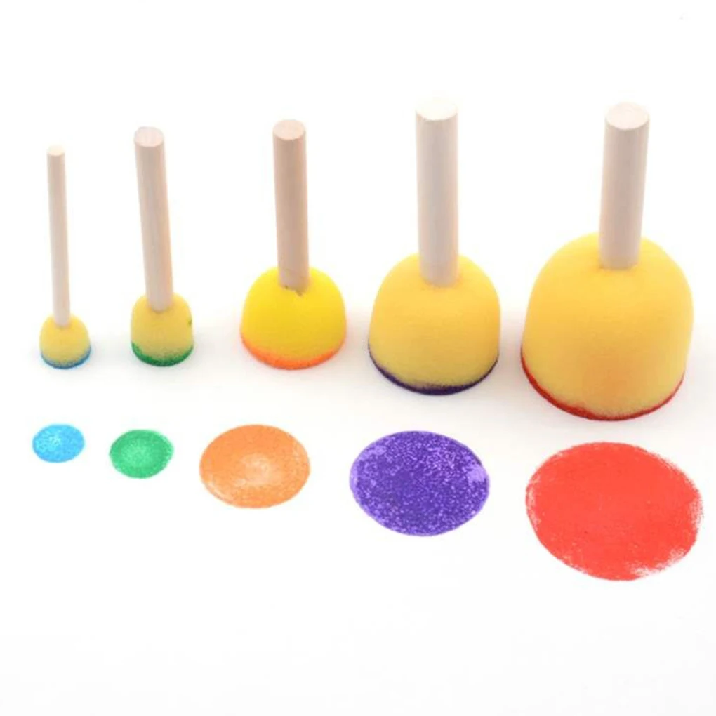 5pcs Round Sponges Brush Set Stencil Sponge Brushes DIY Painting Sponges Children Drawing Craft Brushes with Wood Handle