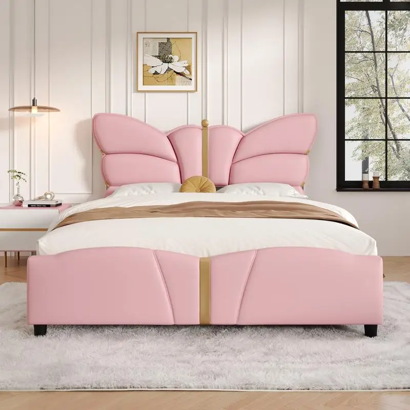 Full Size Pink PU Leather Bed Frame, Butterfly Headboard & Footboard, Gold Metal Accents, Platform Bed, No Box Spring Required