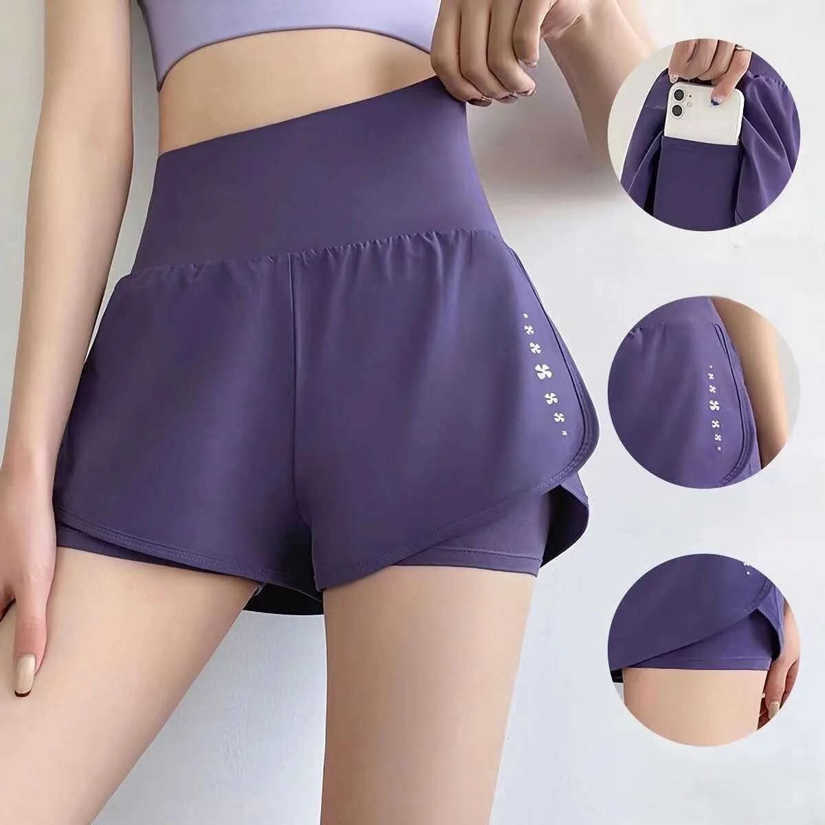 

Yoga Shorts Beige Woman Women Abdominal Stretching Solid Color Light Graphic Baggy Shiny High-End Spliced Dyed Cotton Print Vibe