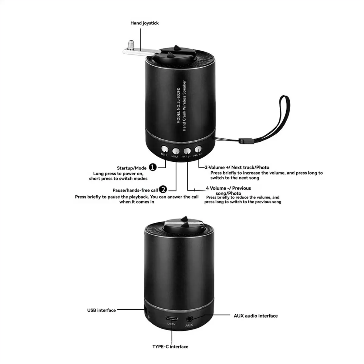 

(BOFF) Портативная Bluetooth-колонка с ручным приводом, AM/FM-радио, беспроводная колонка для кемпинга на открытом воздухе, черная