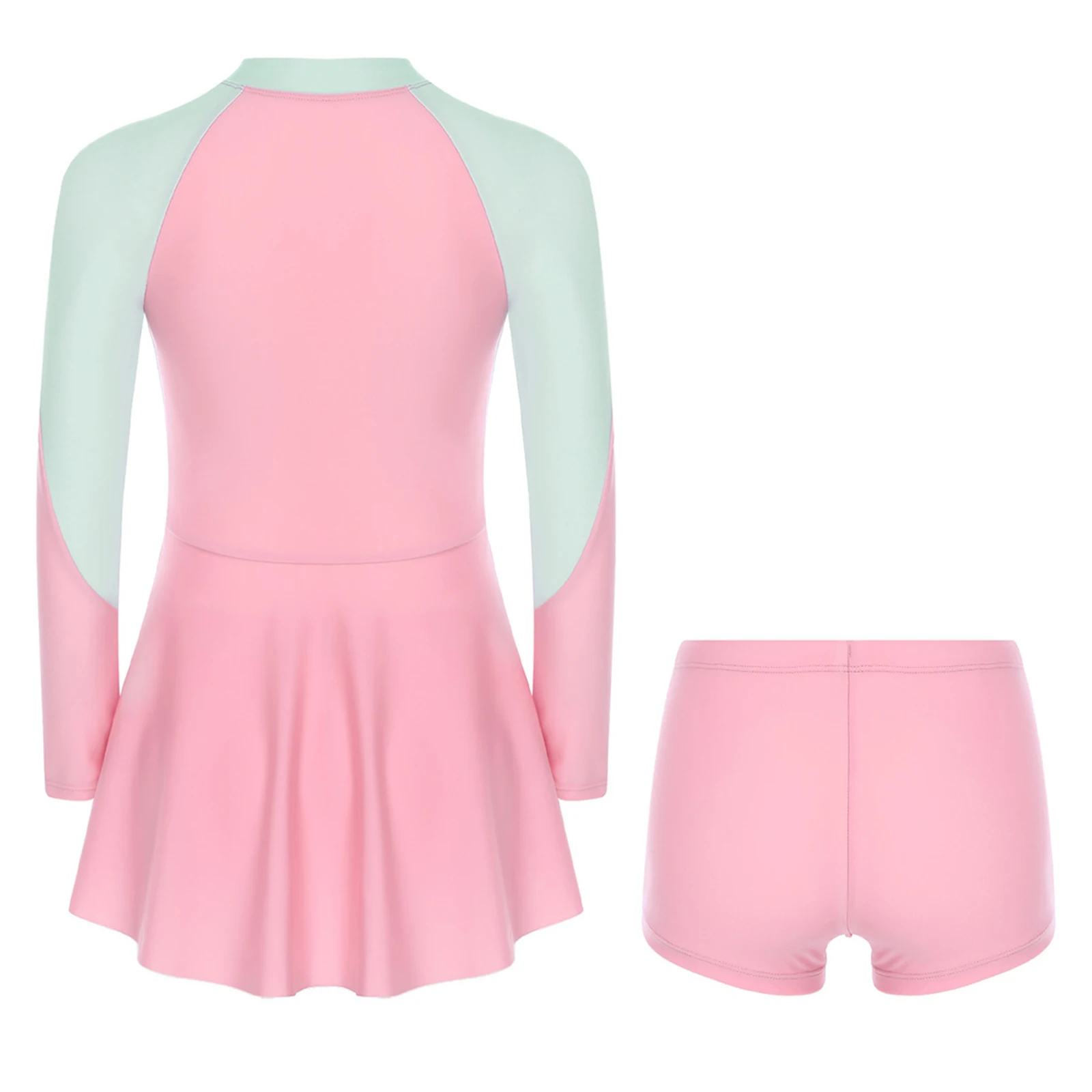Kids Girls Rash Guard Swimsuit Sun Protection Bathing Suit Swimwear Long Sleeve Front Zipper Dress with Shorts Bathing Suits