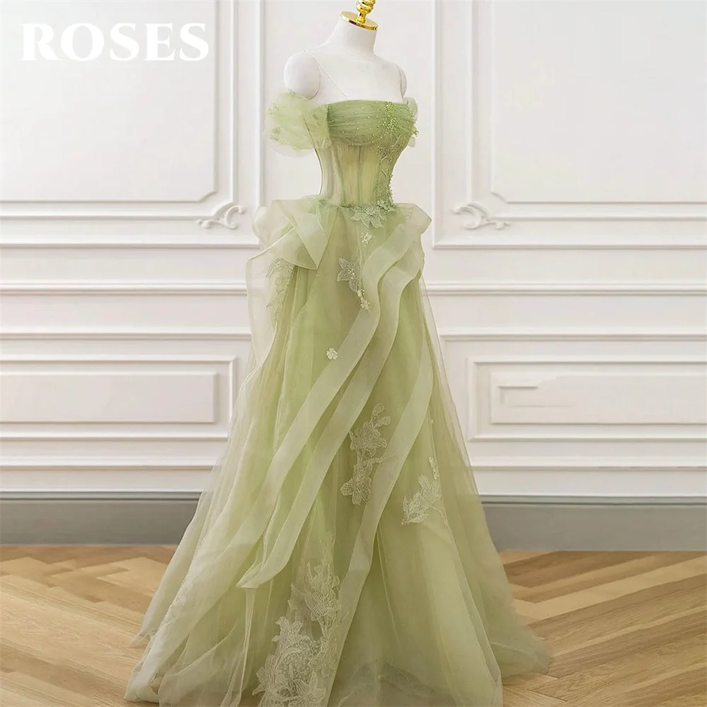 ROSES Sage Green Prom Dress Appliques Tulle Celebrity Dresses Tiered Pleat Women's Evening Dress Sweetheart Formal Gown 프롬 드레스