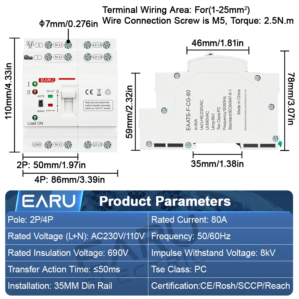2P 4P 80A AC 230V 110V ATS Mini Automatic Transfer Switch Dual Power Electrical Selector Switches Uninterrupted Power Din Rail