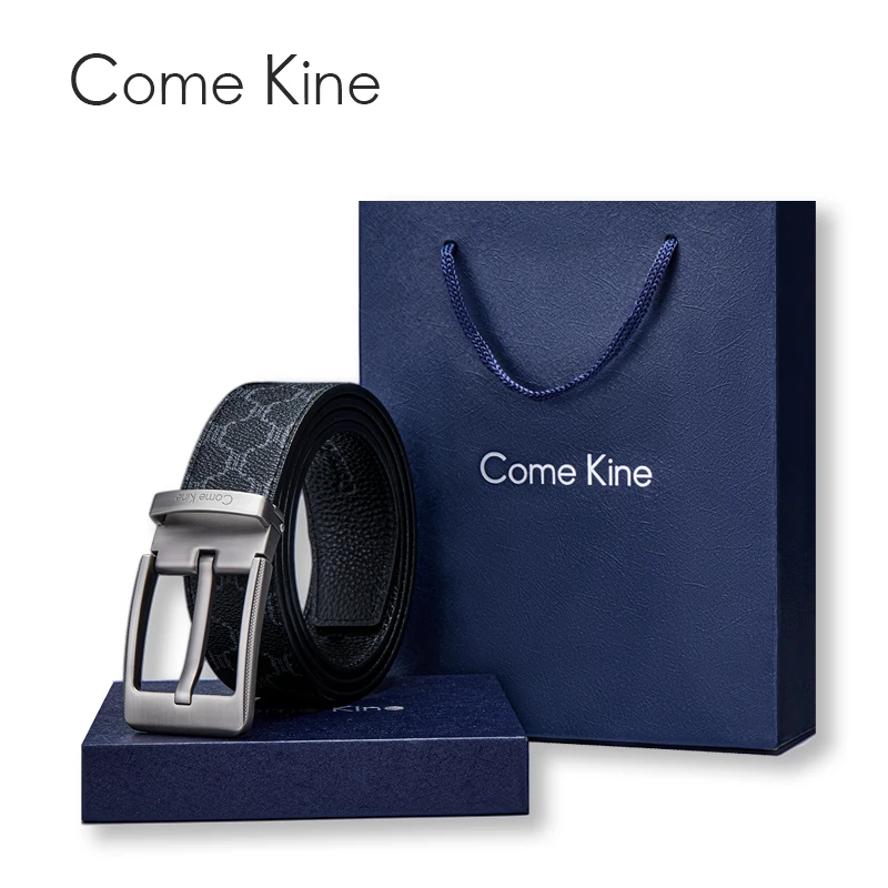 ComeKine Men's Belt Pin Buckle Genuine Cowhide Leisure Time Fashion Belt High-grade Counter Gift Box Gifts for Boyfriend Husband