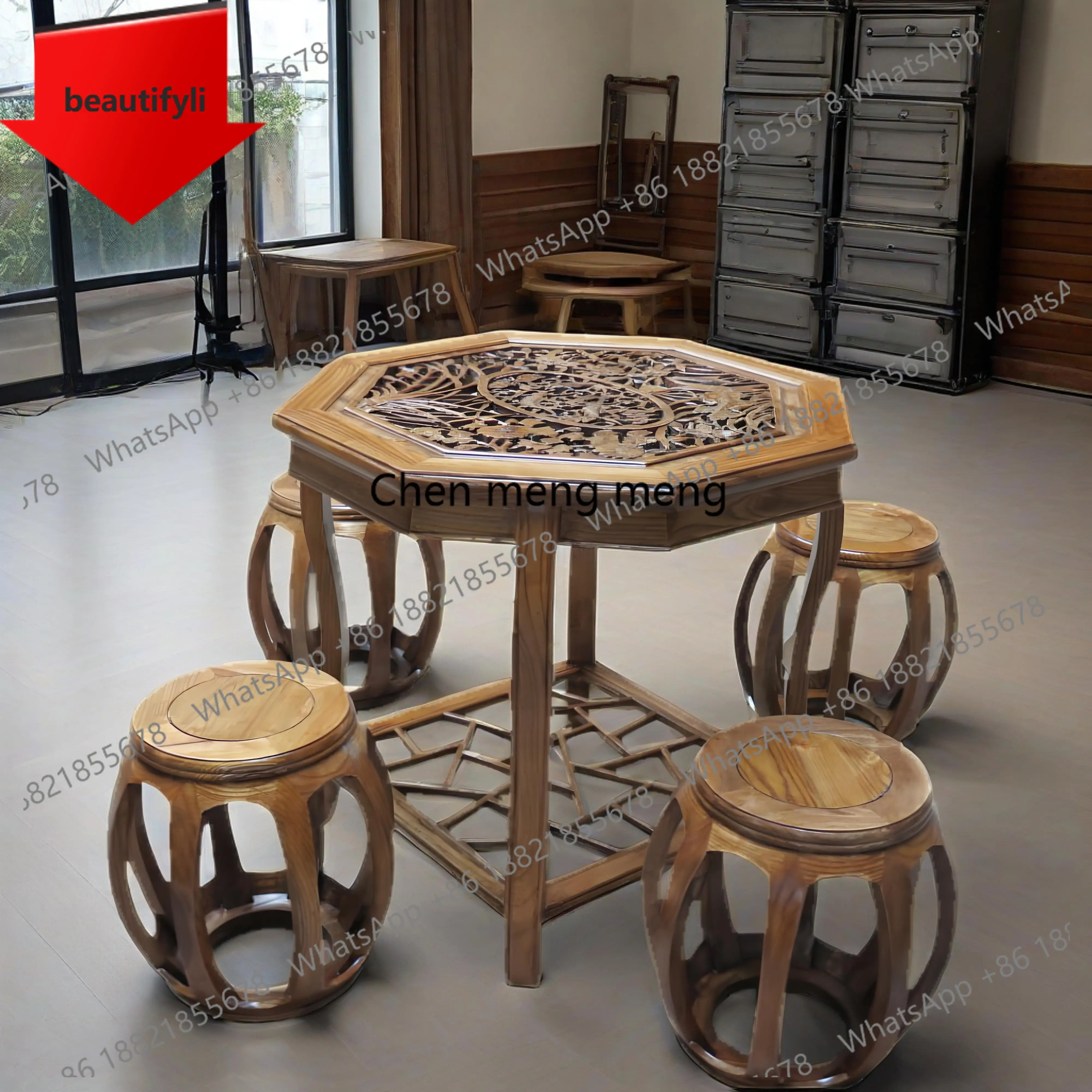 X188 Chinese hollow carved octagonal tables and chairs all solid wood homestay retro classic props leisure table