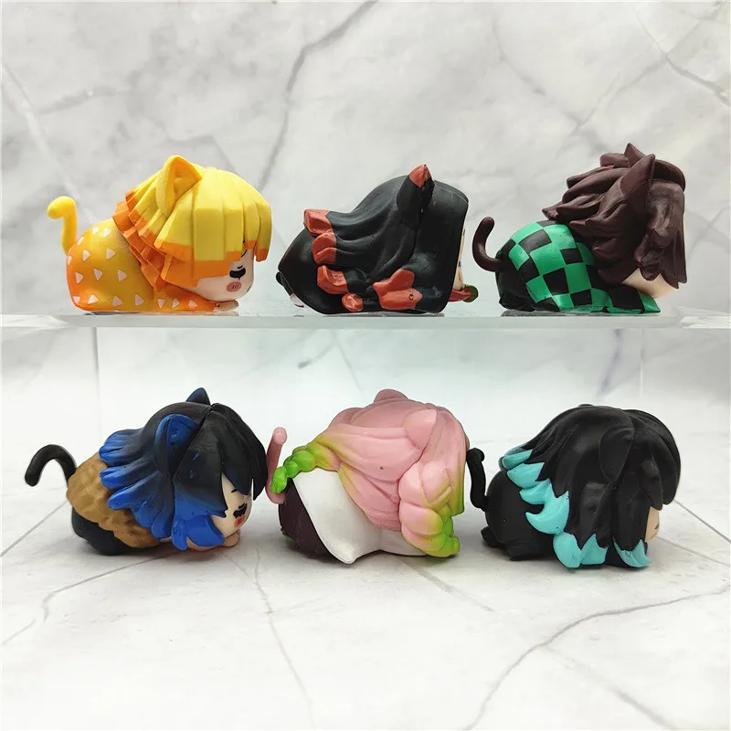 

6Pcs/1 Set Anime Demon Slayer Kamado Nezuko Tanjirou Agatsuma Zenitsu PVC Q Version Napping Cat Inosuke Prone Pose Model Toy