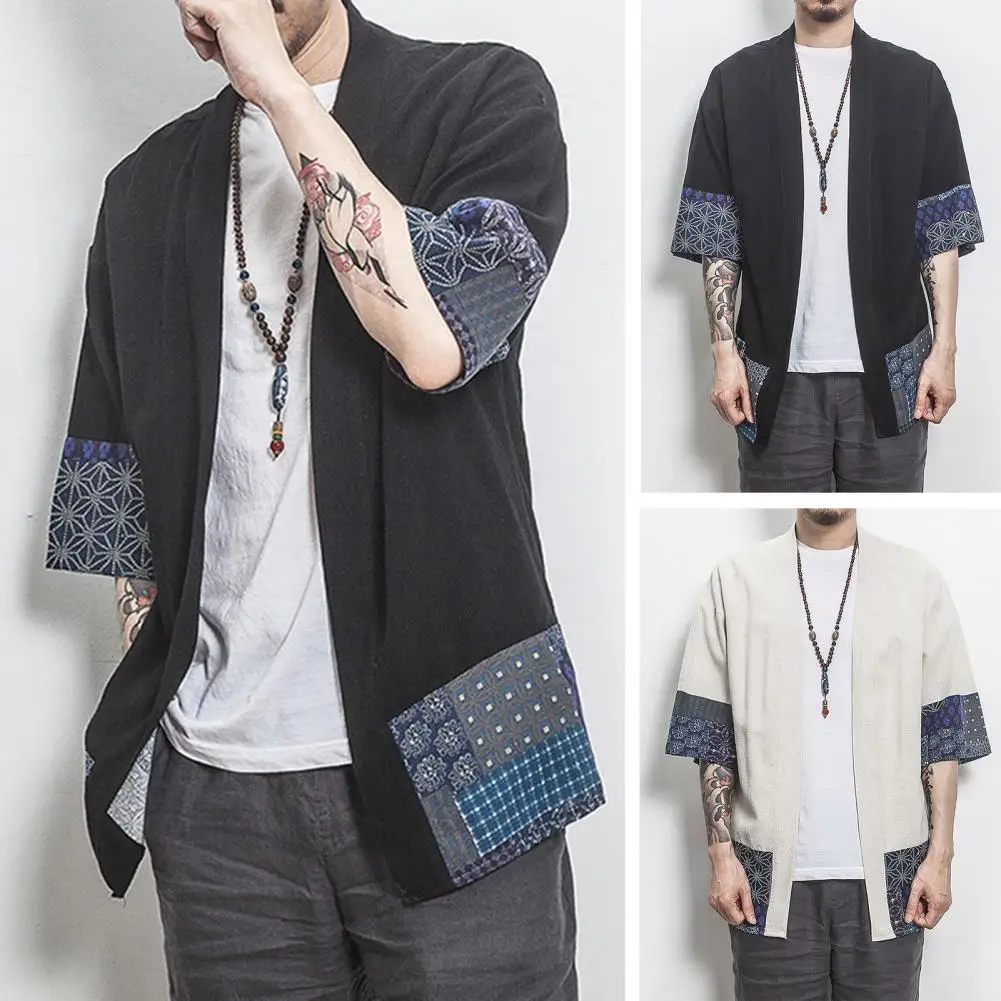 Men Cardigan Coat Breathable Cardigan Coat Retro Patchwork Cardigan Coat Men's 3/4 Sleeve Open Front Poncho Outerwear Thin Hanfu